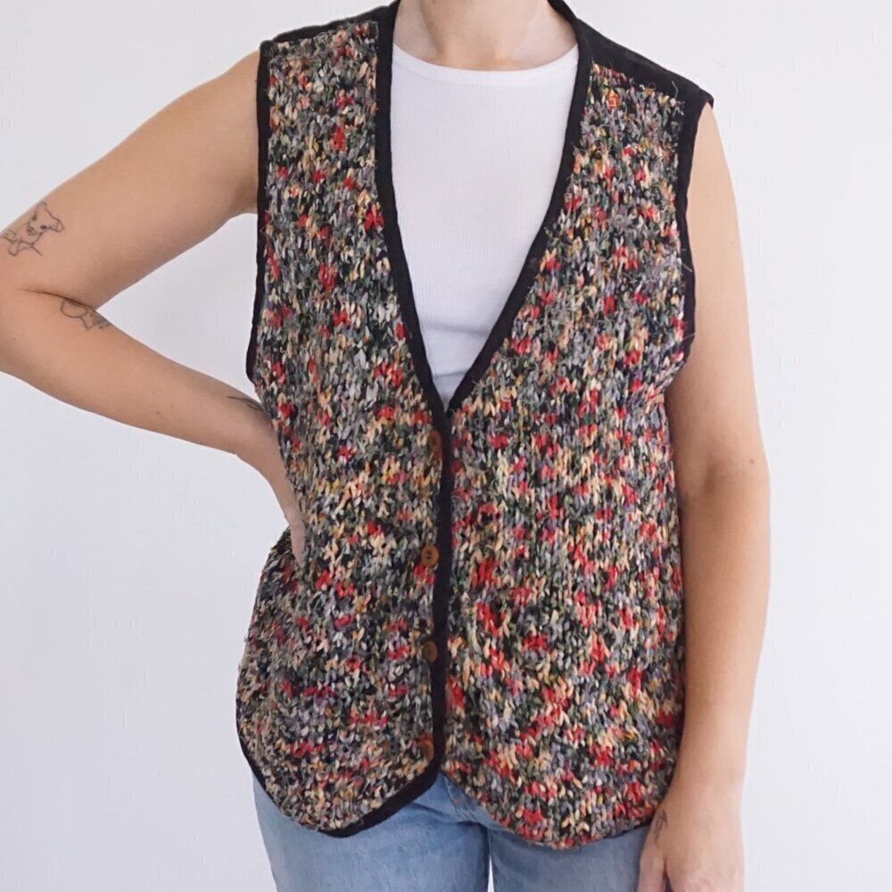 Vintage Agapo Collections Black Woven Knit Wood Button Vest L